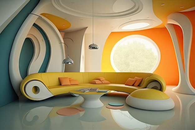 Espacio futurista con curvas y colores brillantes en un interior plano inundado creado con ai generativo