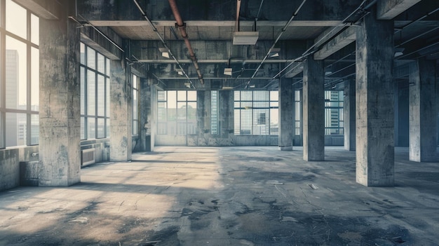 Espacio industrial en el ático con filtro de luz solar a través de grandes ventanas