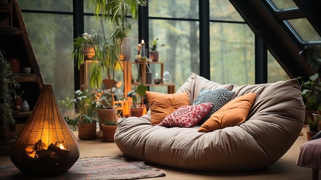Espacio interior cómodo con colorido sofá acogedor y almohadas