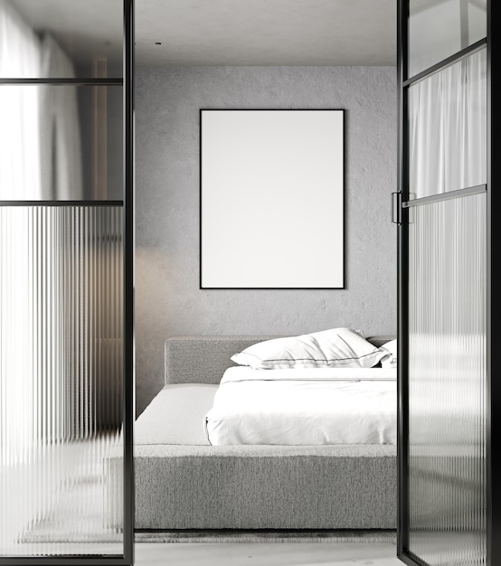 Espacio interior del dormitorio con un gran cartel simulado en la pared de fondo de hormigón 3d render 3d ilustración