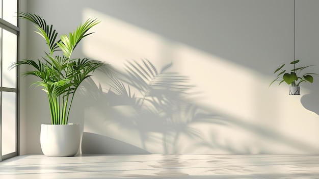 Espacio interior minimalista con luz solar natural y plantas en maceta interior sereno para una vida tranquila decoración moderna con vegetación diseño de habitaciones pacíficas IA