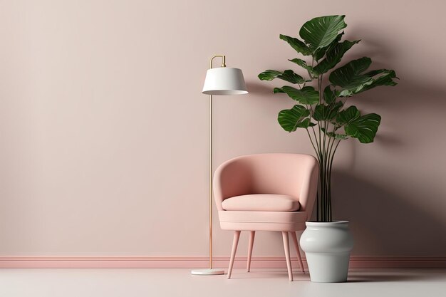 Un espacio interior sencillo de color rosa claro con una sola silla y una lámpara de pie