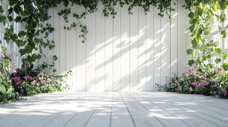Espacio de jardín con suelo de madera y plantas con flores bajo la luz del sol brillante