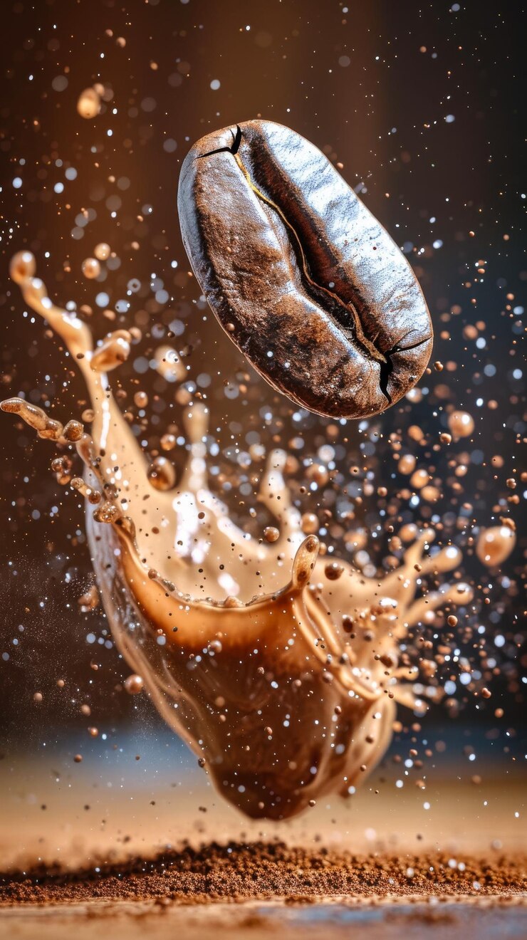 espacio libre en la esquina izquierda para el estandarte del título con fotografía macro de una explosión fragmentada de un solo café