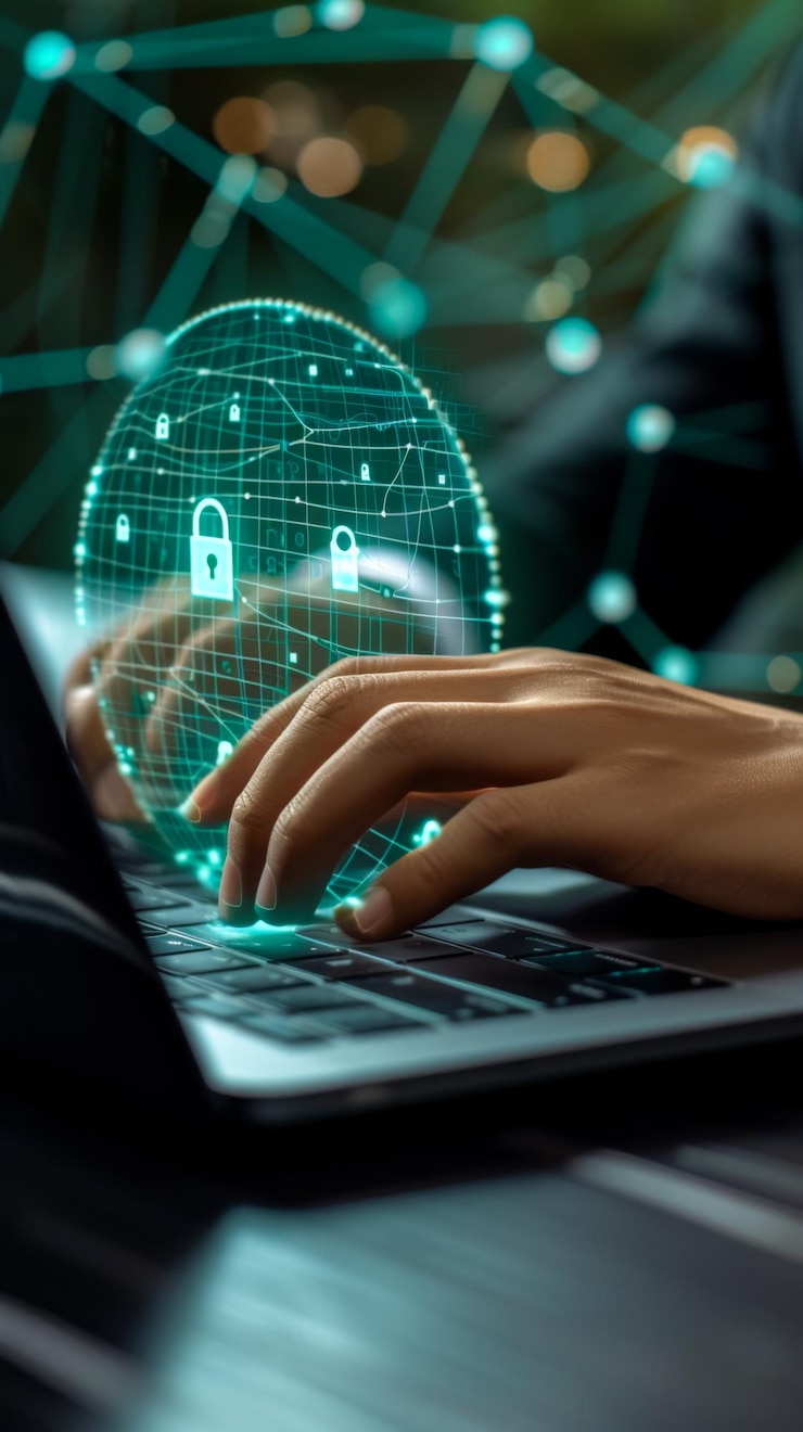 espacio libre para el estandarte del título con primer plano de escritura a mano en una computadora portátil con iconos de candado holograma