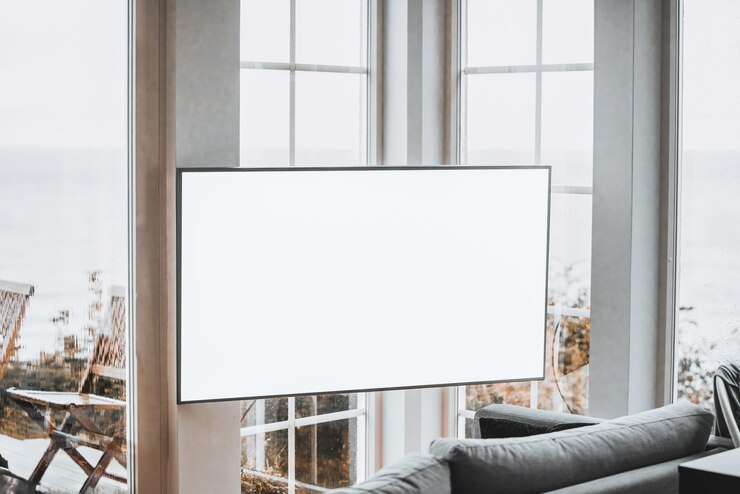 Foto espacio luminoso con tv y mar como telón de fondo