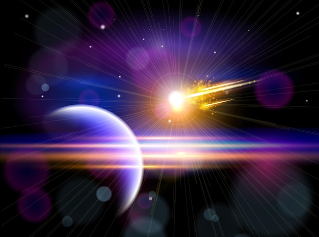 Espacio Mágico Gran cometa volando al planeta azul planetas estrellas y constelaciones nebulosas y galaxias luces Ilustración vectorial Eps10
