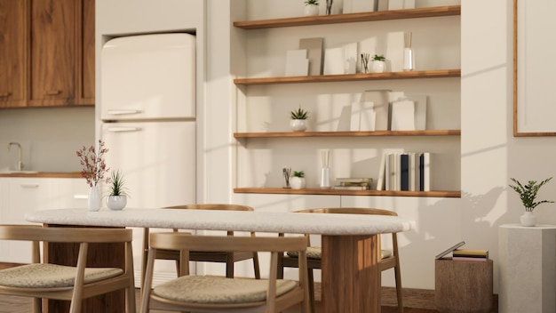 Espacio de maqueta en una mesa de comedor mínima en un comedor escandinavo mínimo en estilo blanco y madera