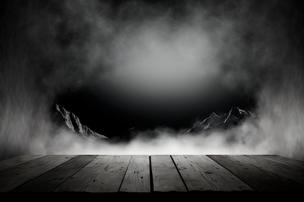 Espacio de mesa de madera y fondo negro de espacio libre para tu decoración con niebla