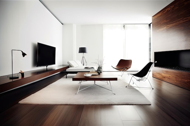 Espacio minimalista con muebles modernos y elegantes elementos de diseño.