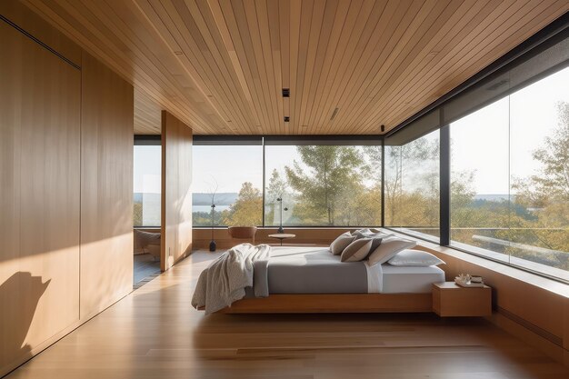 Espacio minimalista con paneles de madera, ventanas del piso al techo y una cama flotante creada con inteligencia artificial generativa