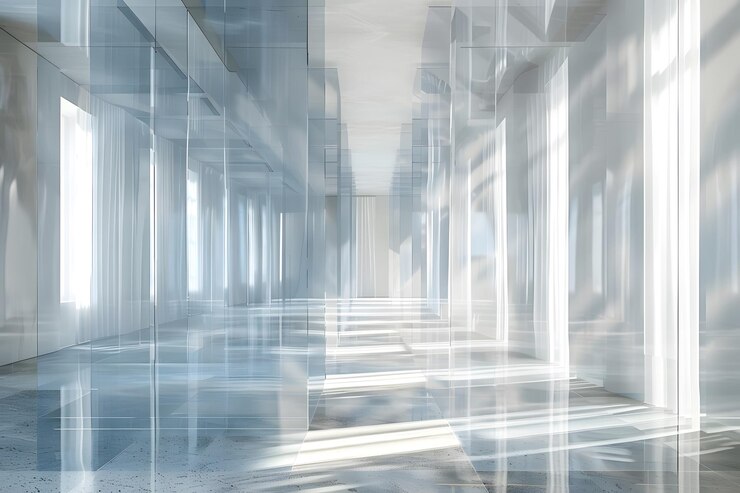 Espacio moderno etéreo con reflejos de luz y elementos transparentes