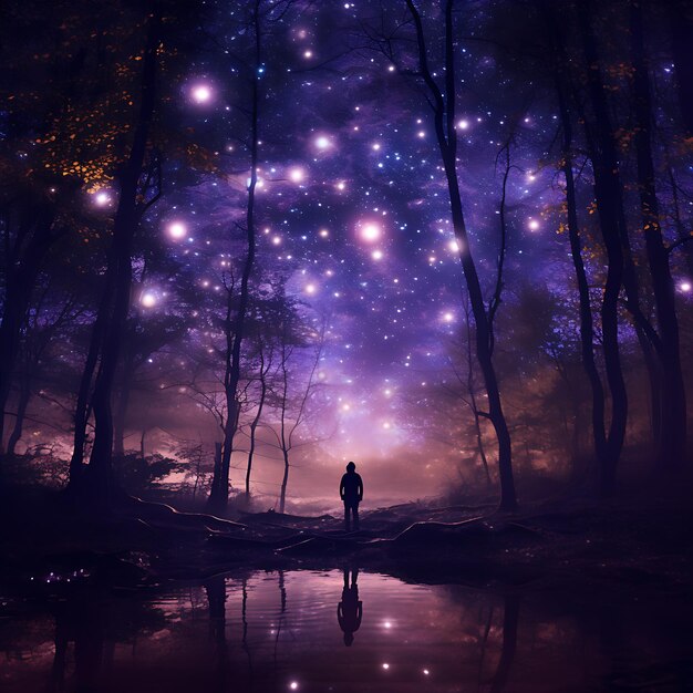 espacio nocturno estrellado y mágico paisaje forestal para el reino imaginario para póster y papel tapiz