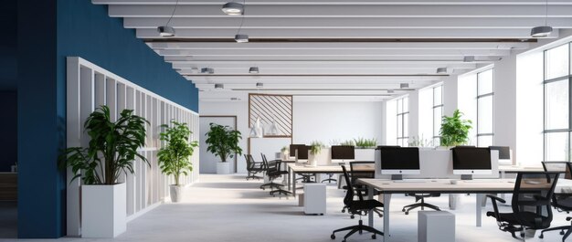 espacio de oficina abierto con elementos blancos y azules