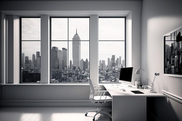 Espacio de oficina en blanco y vidrio con un piso de madera blanca ventanas grandes que muestran un paisaje urbano y un escritorio de computadora