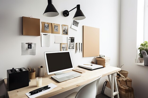 Un espacio de oficina contemporáneo cuenta con una computadora portátil con una pantalla en blanco, una cámara, suministros de oficina y notas adhesivas en la pared