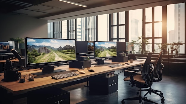 Foto espacio de oficina con escritorios con computadoras modernas