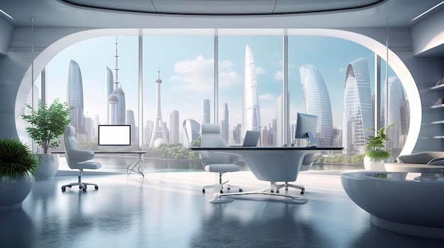 Espacio de oficina futurista moderno con vista al paisaje urbano