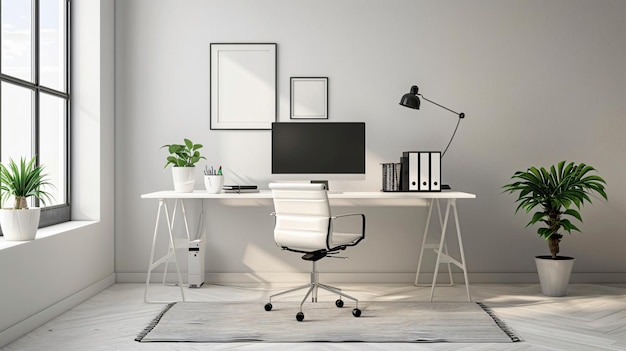 Un espacio de oficina minimalista con un escritorio elegante un solo monitor de computadora y una silla ergonómica