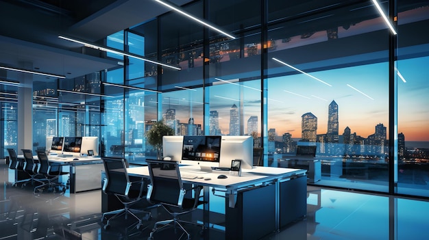 Espacio de oficina moderno al crepúsculo con paisaje urbano diseño elegante de espacio de trabajo entorno corporativo contemporáneo IA