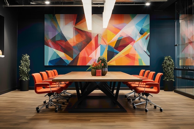 Un espacio de oficina moderno caracterizado por una mezcla de simplicidad y vitalidad que muestra muebles elegantes contra un telón de fondo de colorido arte abstracto de pared