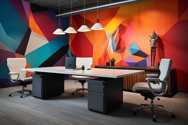 Un espacio de oficina moderno caracterizado por una mezcla de simplicidad y vitalidad que muestra muebles elegantes contra un telón de fondo de colorido arte abstracto de pared