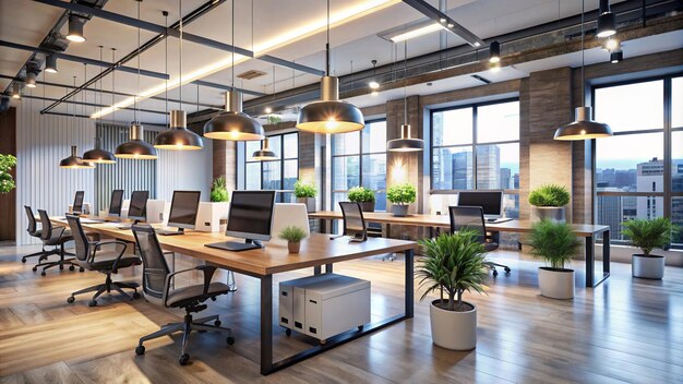 Foto espacio de oficina moderno y elegante con filas de luces elegantes que generan un ambiente profesional y