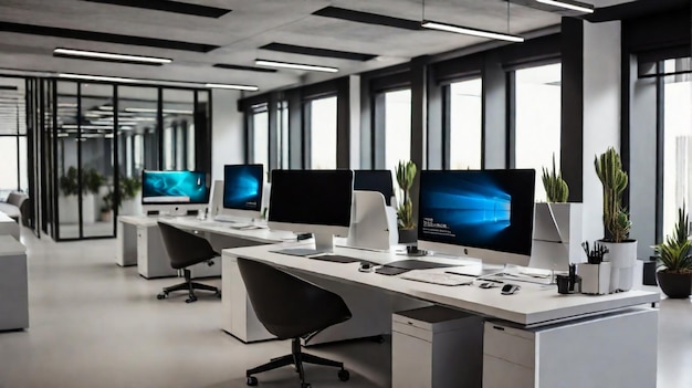 Foto espacio de oficina moderno con escritorios con computadoras ai generativas.