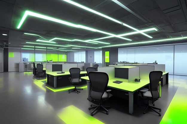 Espacio de oficina moderno con escritorios con computadoras modernas creadas con tecnología de IA generativa