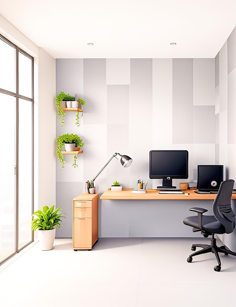 Espacio de oficina moderno con escritorios con computadoras modernas creadas con tecnología de IA generativa
