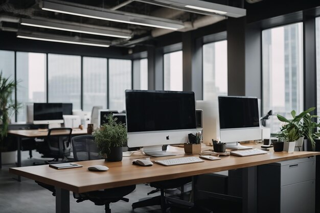 Espacio de oficina moderno con escritorios con computadoras modernas.