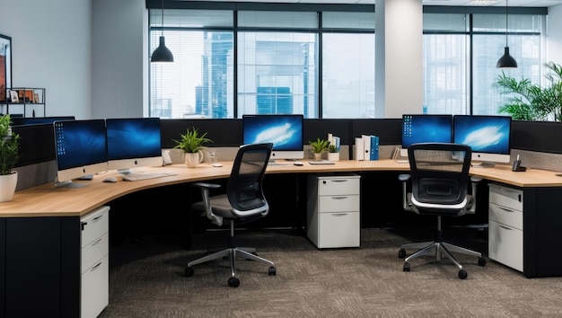 Un espacio de oficina moderno con escritorios ergonómicos y computadoras