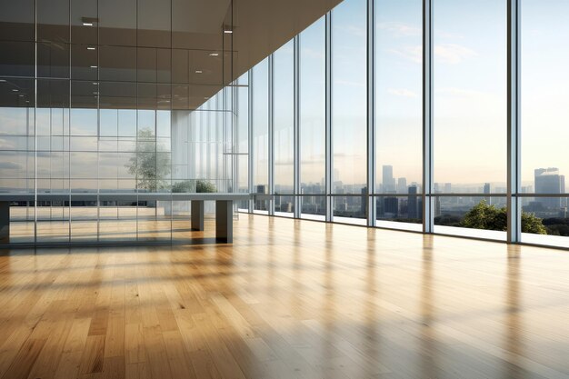 Foto espacio de oficina moderno con luz solar y vista a la ciudad