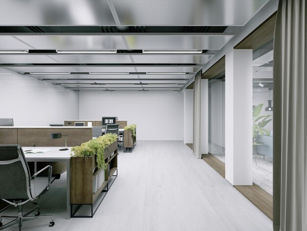 Espacio de oficina moderno con mesas de trabajo con renderizado 3d de plantas