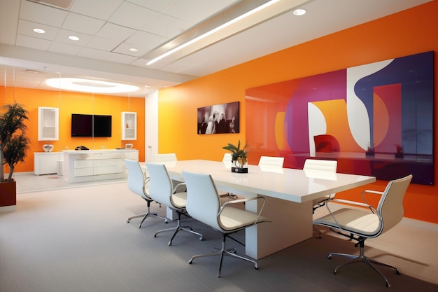 Un espacio de oficina moderno con una mezcla de diseño minimalista y colores vibrantes que crea un entorno de trabajo dinámico y estimulante