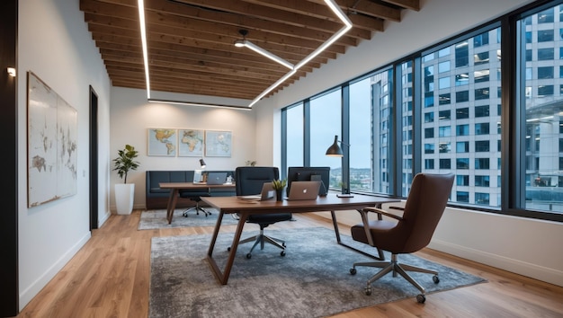 Un espacio de oficina moderno con muebles elegantes y vistas a la ciudad