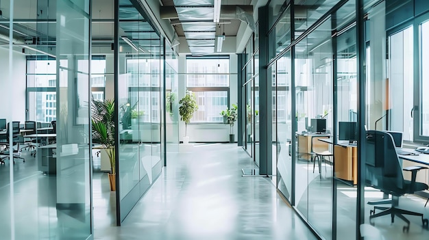 Un espacio de oficina moderno con paredes de vidrio y mucha luz natural Hay algunas plantas en el pasillo y algunas sillas y escritorios en el fondo