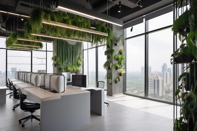 Espacio de oficina moderno con vegetación y vistas al paisaje urbano