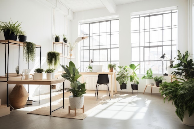 Un espacio de oficina con plantas de interior luz natural y decoración minimalista