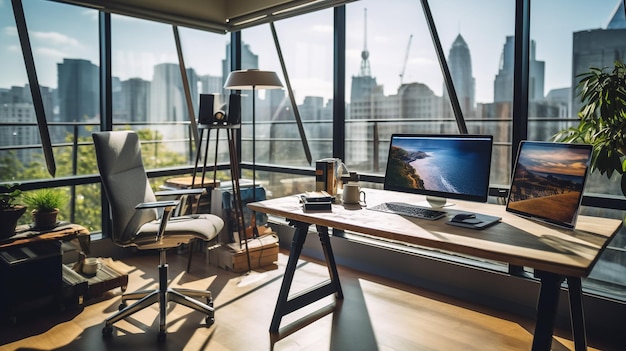 espacio de oficina realista con LCD y teclado con luz natural entrando desde el exterior