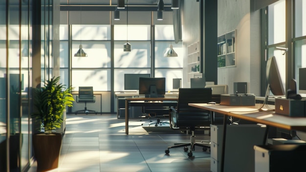 Espacio de oficina sereno bañado por la luz del sol matinal que invita a la productividad