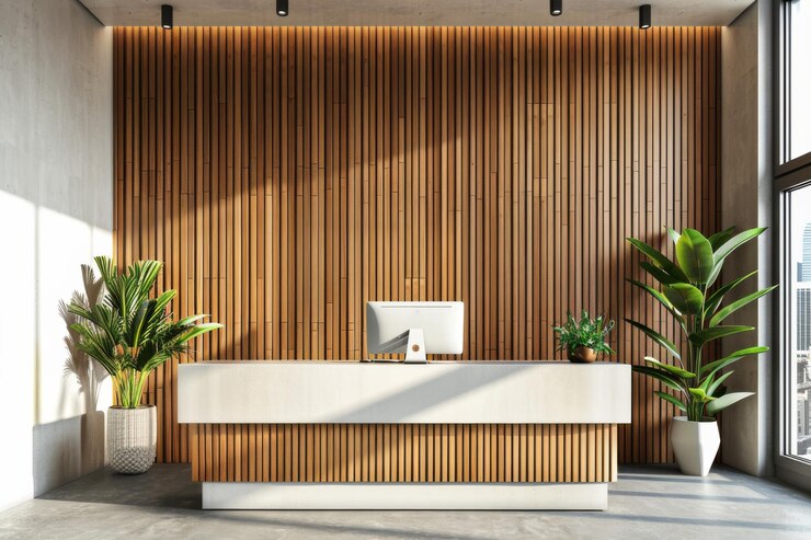 Un espacio de oficina sereno con un moderno escritorio de madera complementado por exuberantes plantas de interior y vistas a la ciudad a través de grandes ventanas que crean un ambiente tranquilo y productivo