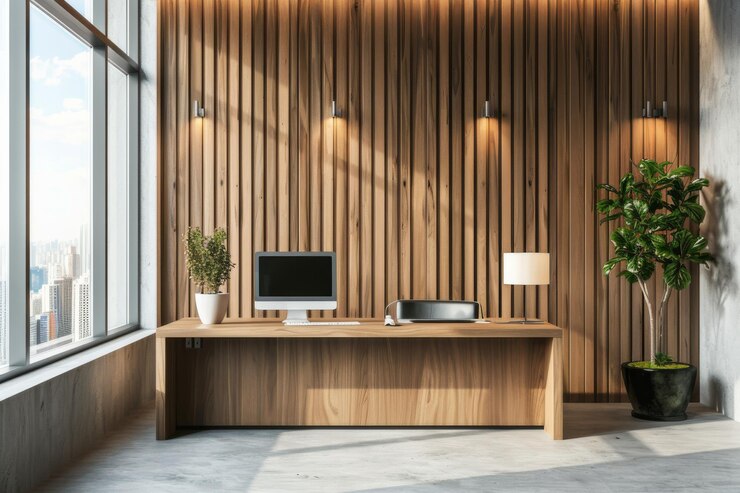 Un espacio de oficina sereno con un moderno escritorio de madera complementado por exuberantes plantas de interior y vistas a la ciudad a través de grandes ventanas que crean un ambiente tranquilo y productivo