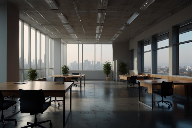 Un espacio de oficina vacío con muchos escritorios y una gran ventana