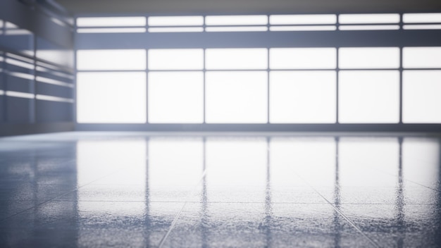 espacio de oficina vacío con ventana grande, paredes de vidrio y fondo al amanecer con sala limpia abierta para