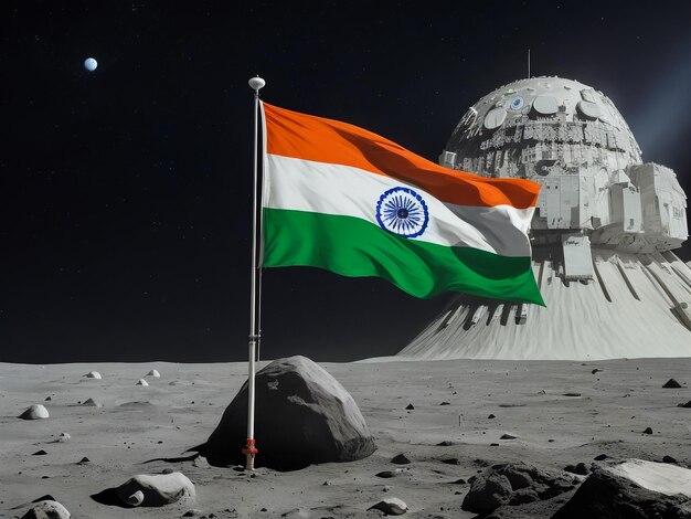 Foto espacio profundo un astronauta de isro de pie en la luna sosteniendo la bandera india y mirando el planeta tierra fotorrealista 8k