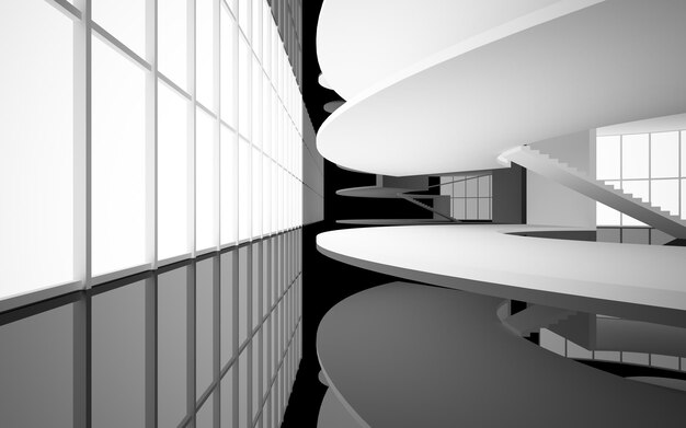 Foto espacio público interior abstracto de varios niveles en blanco y negro con ilustración y renderizado en 3d de ventanas