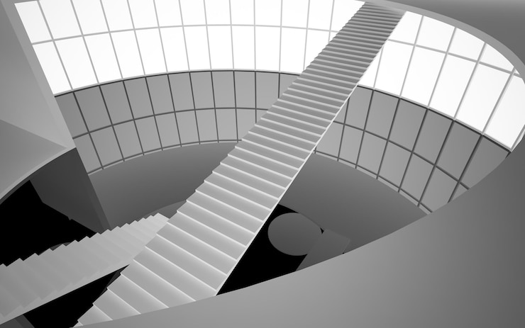 Foto espacio público interior abstracto de varios niveles en blanco y negro con ilustración y renderizado en 3d de ventanas