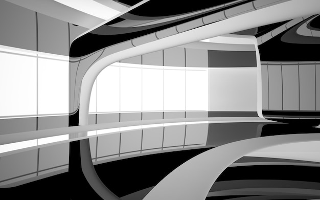 Espacio público interior abstracto de varios niveles en blanco y negro con ilustración y renderizado en 3D de ventanas