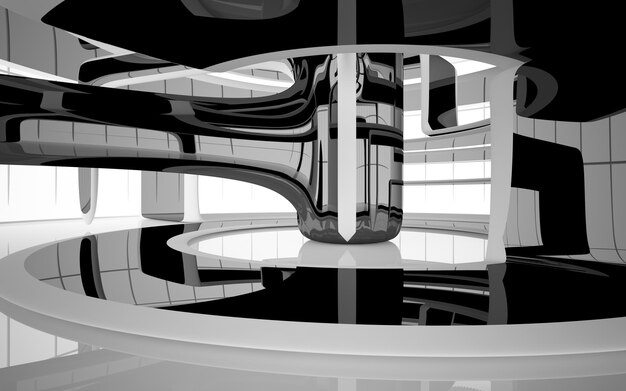 Espacio público interior abstracto de varios niveles en blanco y negro con ilustración y renderizado en 3D de ventanas